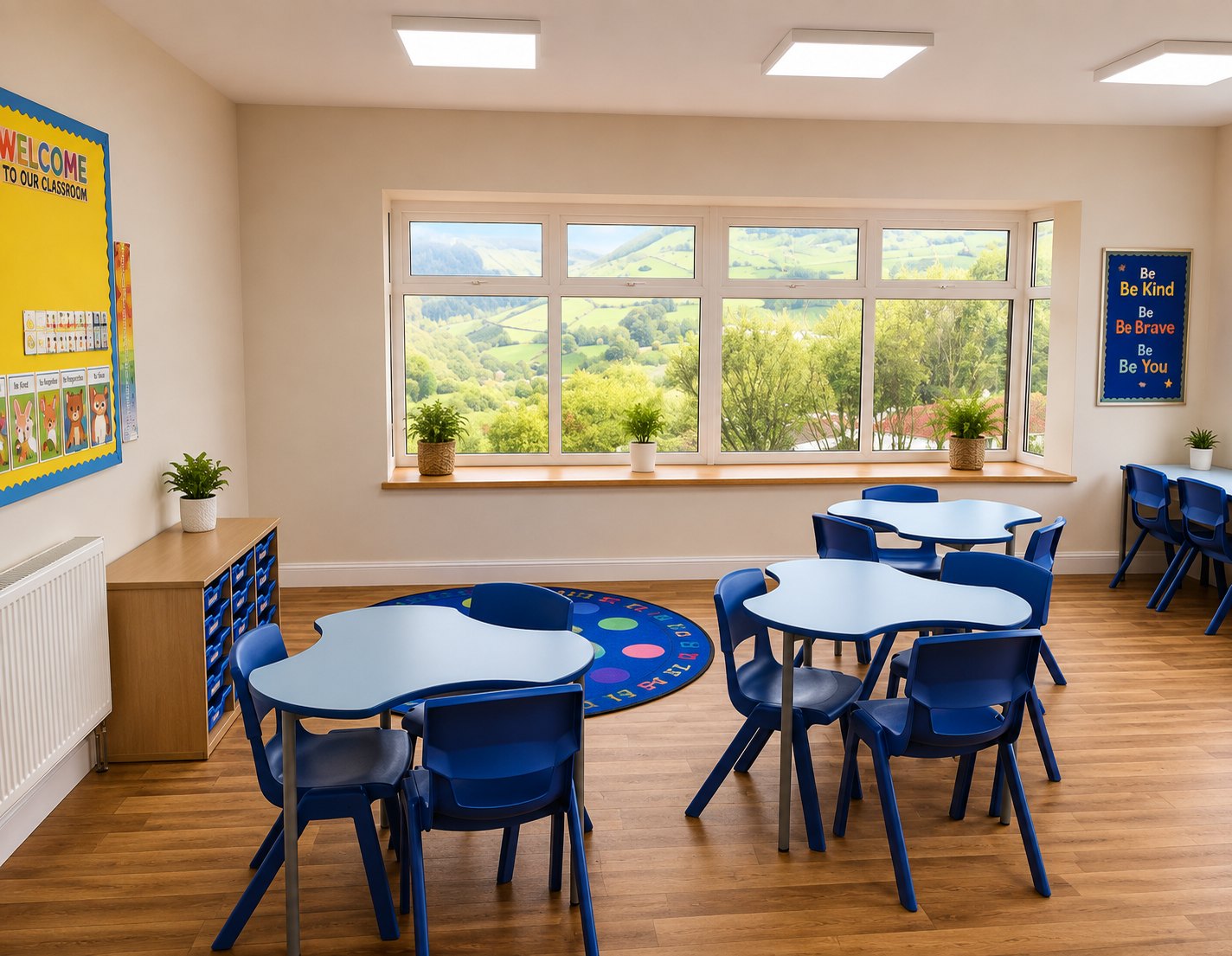 Bright classroom with blue desks and a bay window overlooking rolling green hills