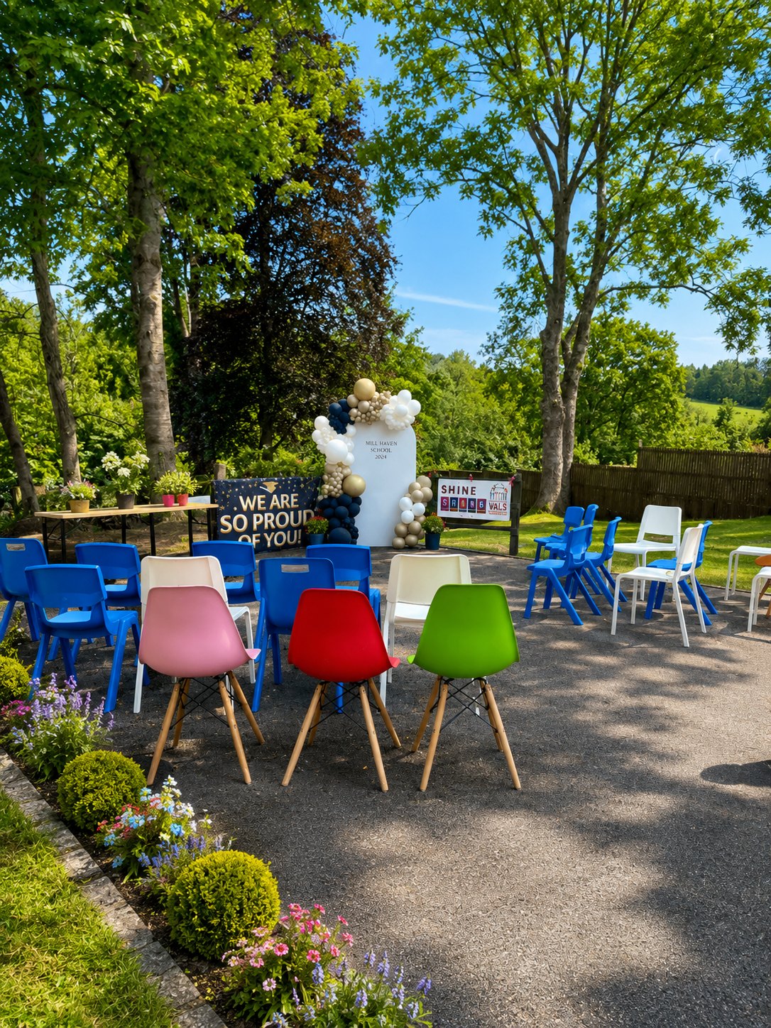 Courtyard set out for a school celebration with seating, balloon arches and congratulatory banners